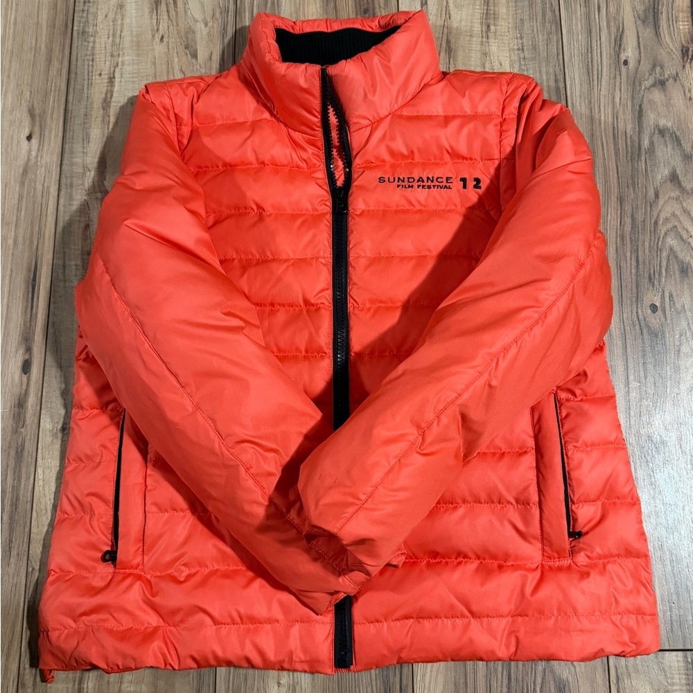 Sundance Bright Orange Quilted Puffer Jacket with Black Trim by Kenneth Cole.